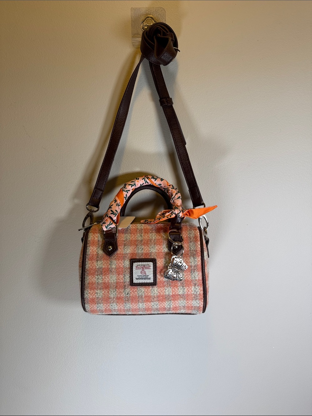 Glen Appin Harris Tweed Wool Satchel Crossbody Bag Pink Plaid + Twilly Charm